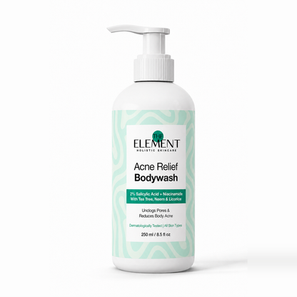 The Element Acne Relief Bodywash 250ml pump bottle with 2% Salicylic Acid, Niacinamide, Tea Tree, Neem and Licorice