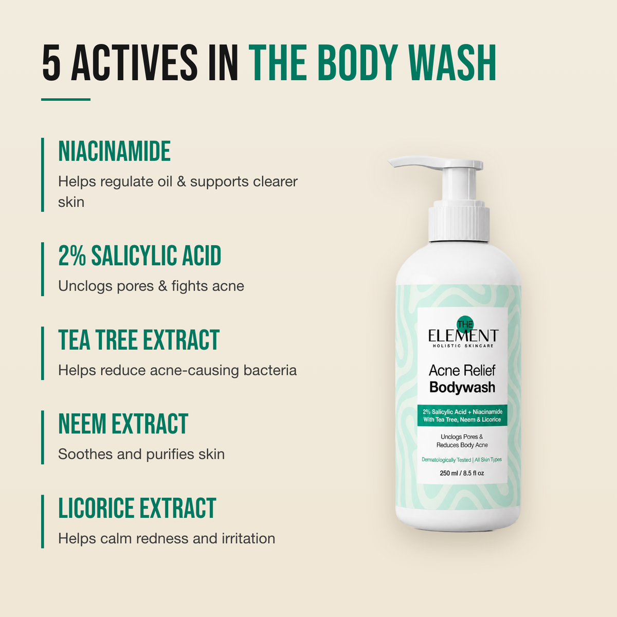 5 actives in the Acne Relief Body Wash — niacinamide, 2% salicylic acid, tea tree, neem and licorice extract
