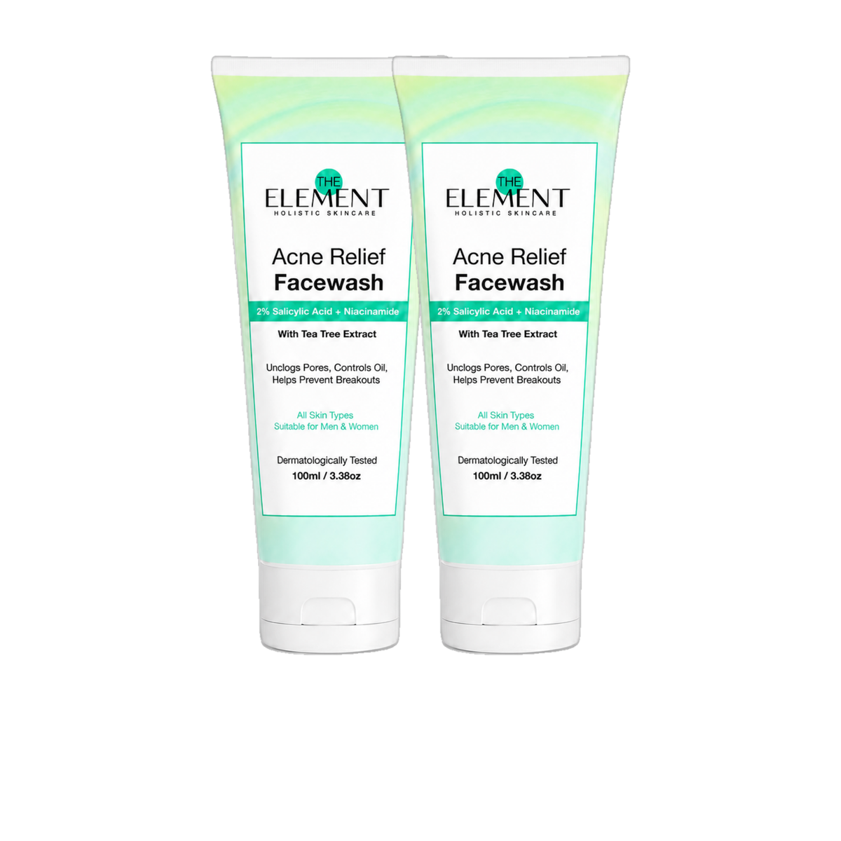 Pack of 2 — two tubes of The Element Acne Relief Face Wash 100ml with 2% Salicylic Acid, Niacinamide and Tea Tree Extract