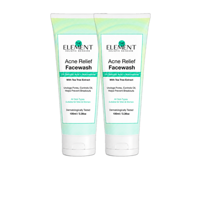 Pack of 2 — two tubes of The Element Acne Relief Face Wash 100ml with 2% Salicylic Acid, Niacinamide and Tea Tree Extract