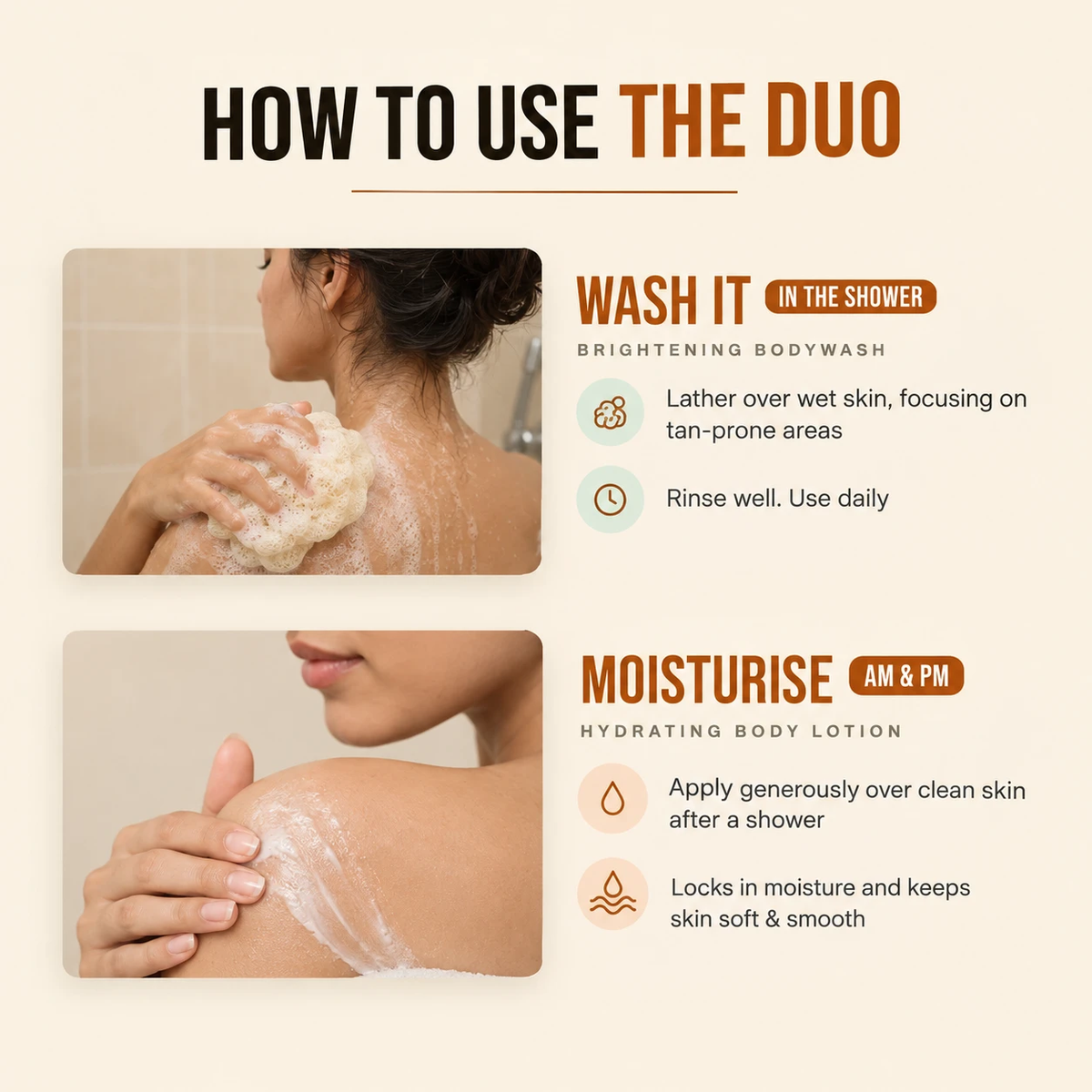 How to use the Body Glow & Hydration Duo — wash it, then moisturise