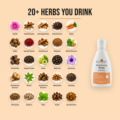 20+ Ayurvedic herbs in the Brightening Drops — manjistha, amla, neem, tulsi and more