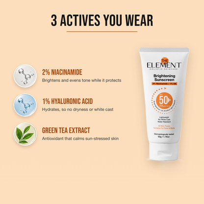3 actives in the Brightening Sunscreen — 2% niacinamide, 1% hyaluronic acid and green tea extract