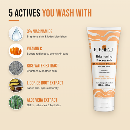 5 actives in the Brightening Face Wash — 3% niacinamide, vitamin C, rice water, licorice root and aloe vera