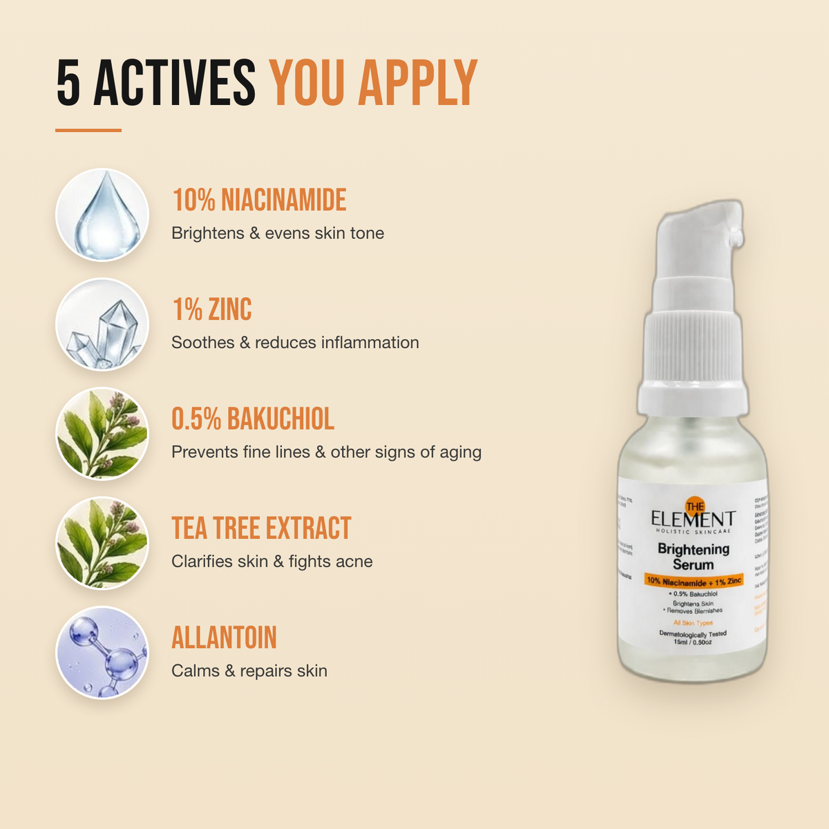 5 actives in the Brightening Serum 15ml — 10% niacinamide, 1% zinc, 0.5% bakuchiol, tea tree and allantoin