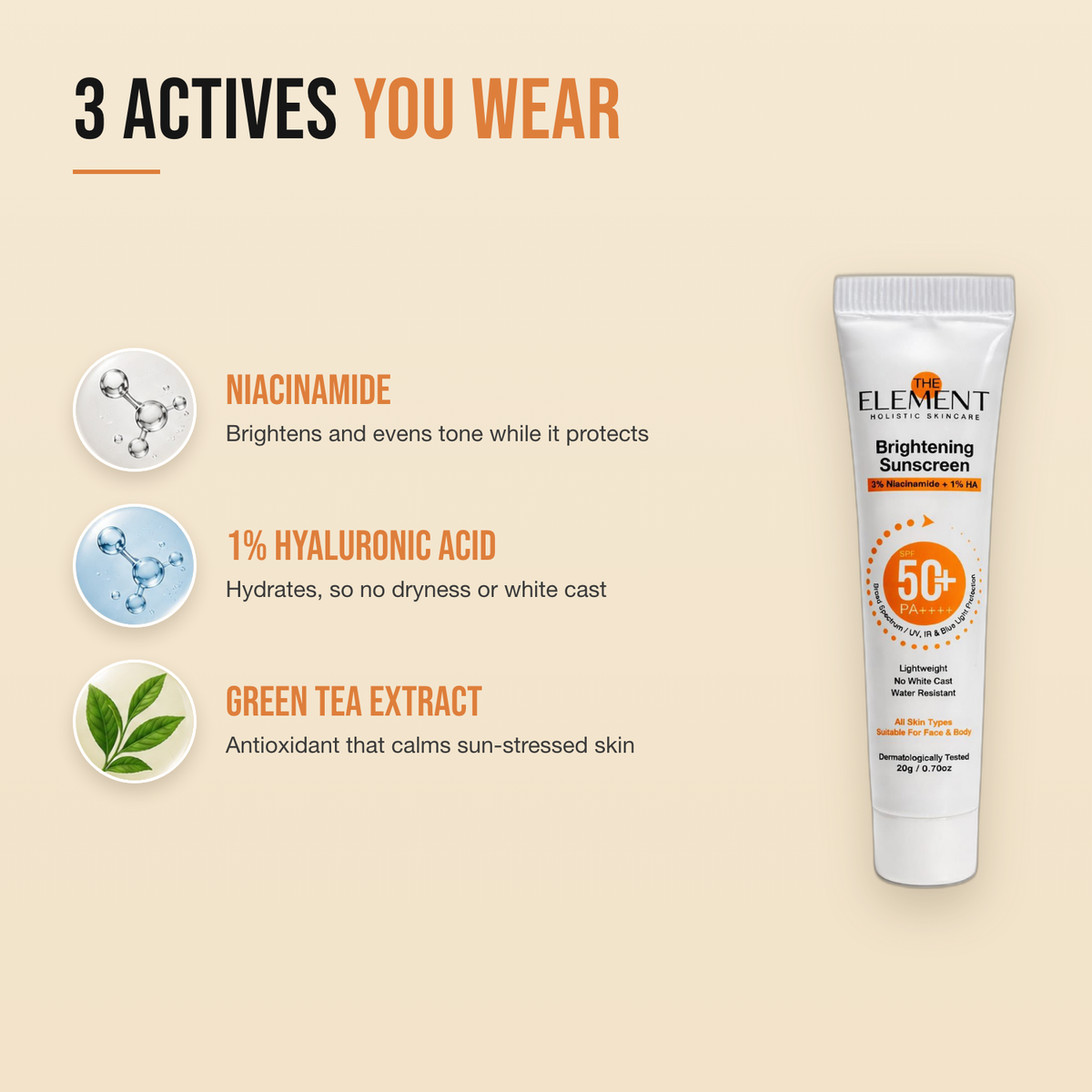3 actives in the Brightening Sunscreen SPF 50 20g — niacinamide, 1% hyaluronic acid and green tea extract