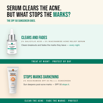 Clear and Bright Skin Combo — the acne serum clears breakouts, the SPF 50 sunscreen stops the marks darkening