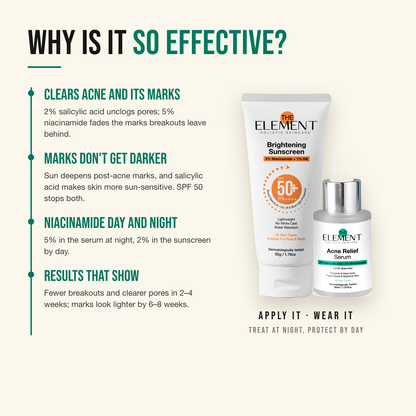 Why the Clear and Bright Skin Combo works — salicylic acid clears acne, SPF 50 stops marks getting darker