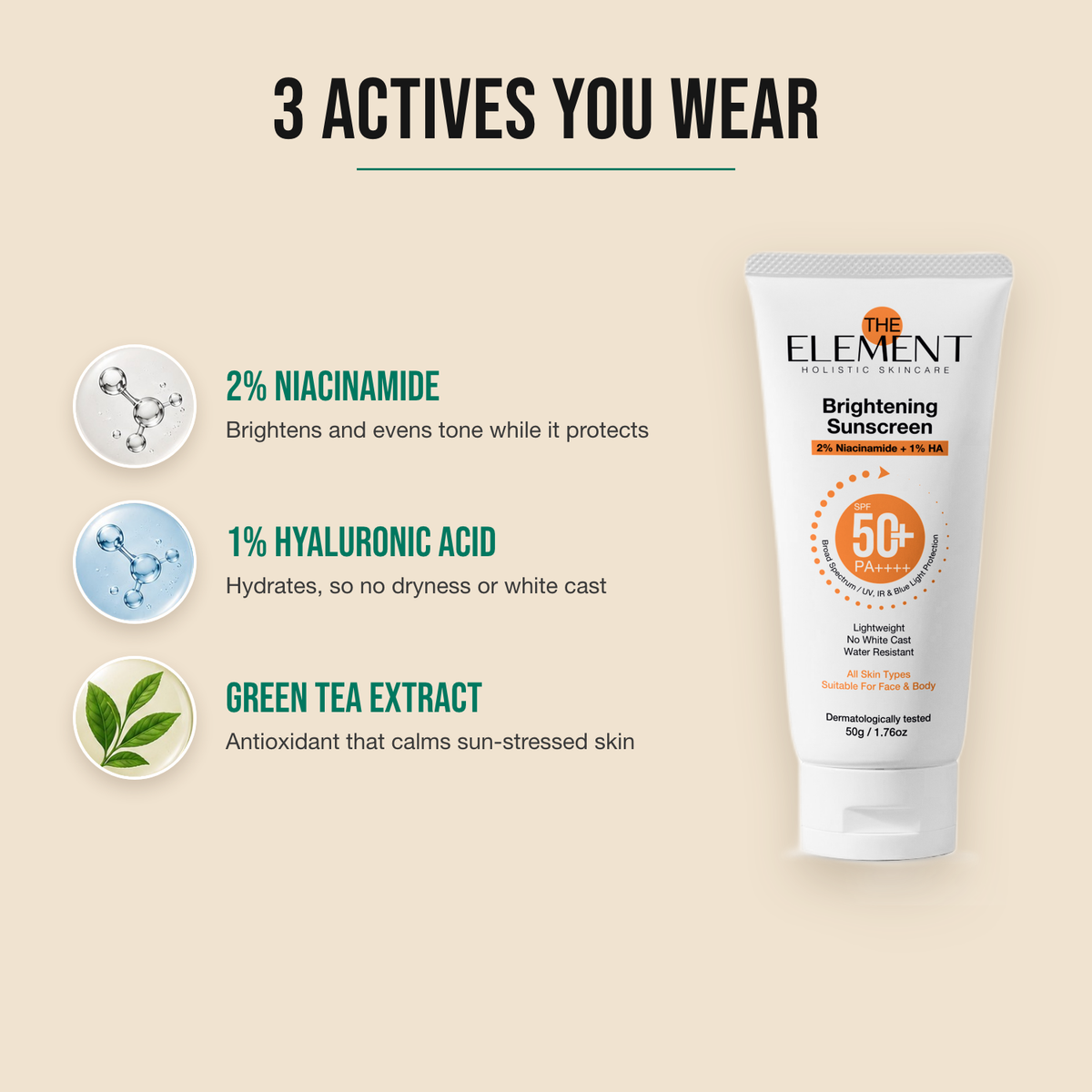 3 actives in the Brightening Sunscreen — 2% niacinamide, 1% hyaluronic acid and green tea extract