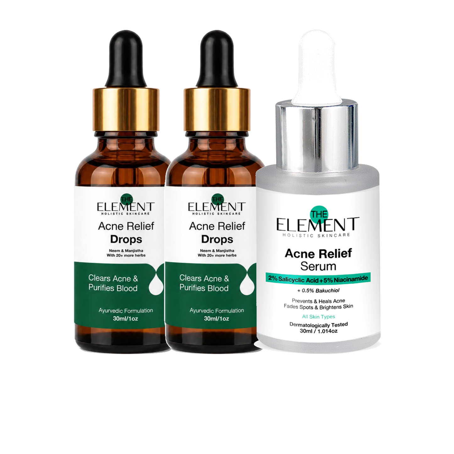 The Element Complete Clear Skin Combo — Acne Relief Serum with two Ayurvedic Acne Relief Drops bottles