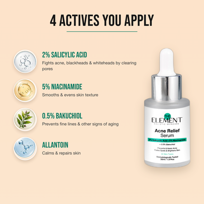 4 actives in the Acne Relief Serum — 2% salicylic acid, 5% niacinamide, bakuchiol and allantoin
