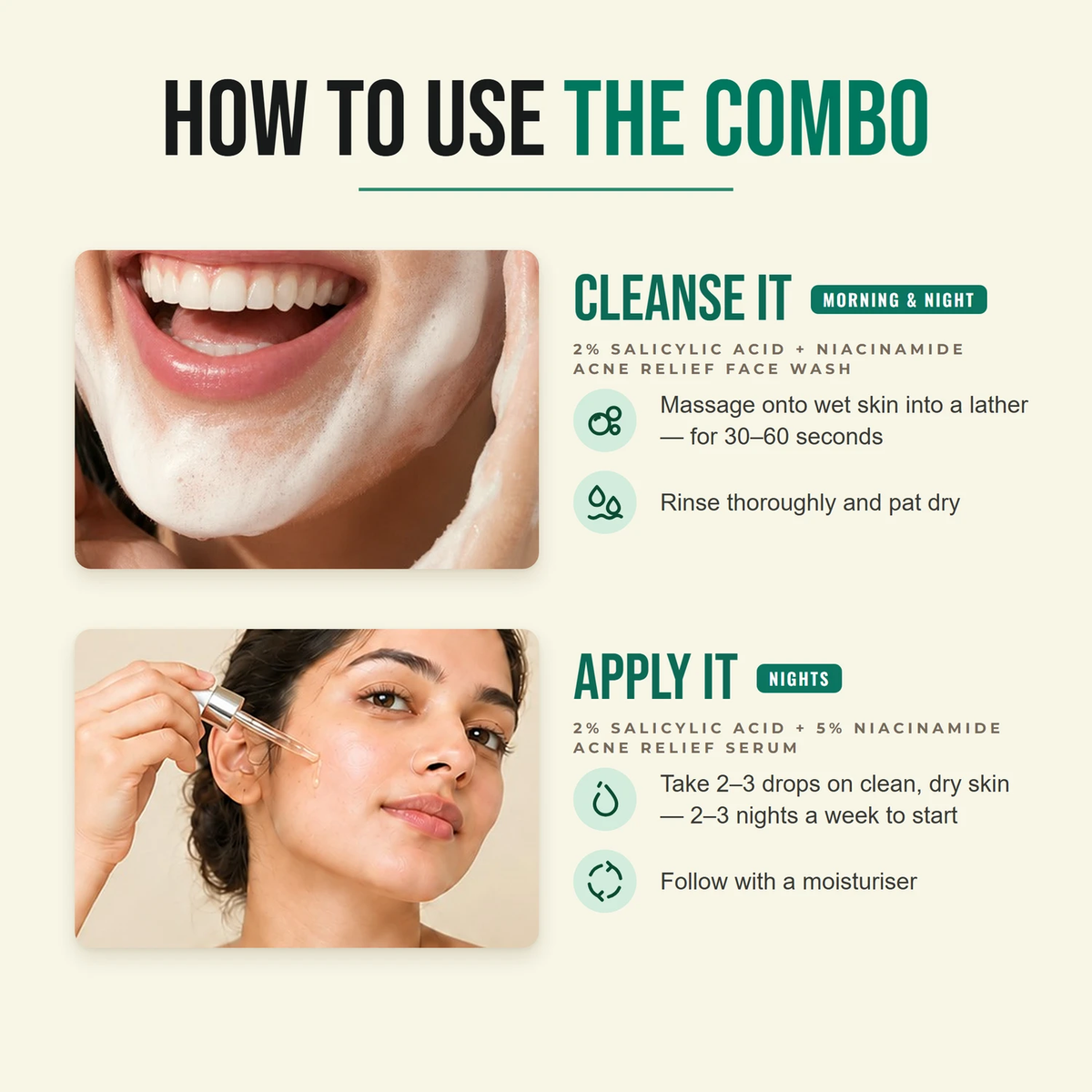 How to use the Clear Skin Duo — cleanse it morning and night, apply the serum at night