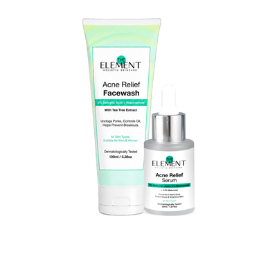 The Element Clear Skin Duo packshot — Acne Relief Face Wash and Acne Relief Serum
              