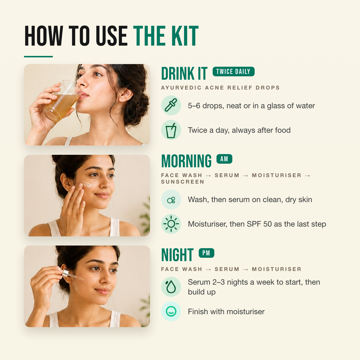 How to use the Acne Relief Inside-Out Kit — drink it, then morning, then night