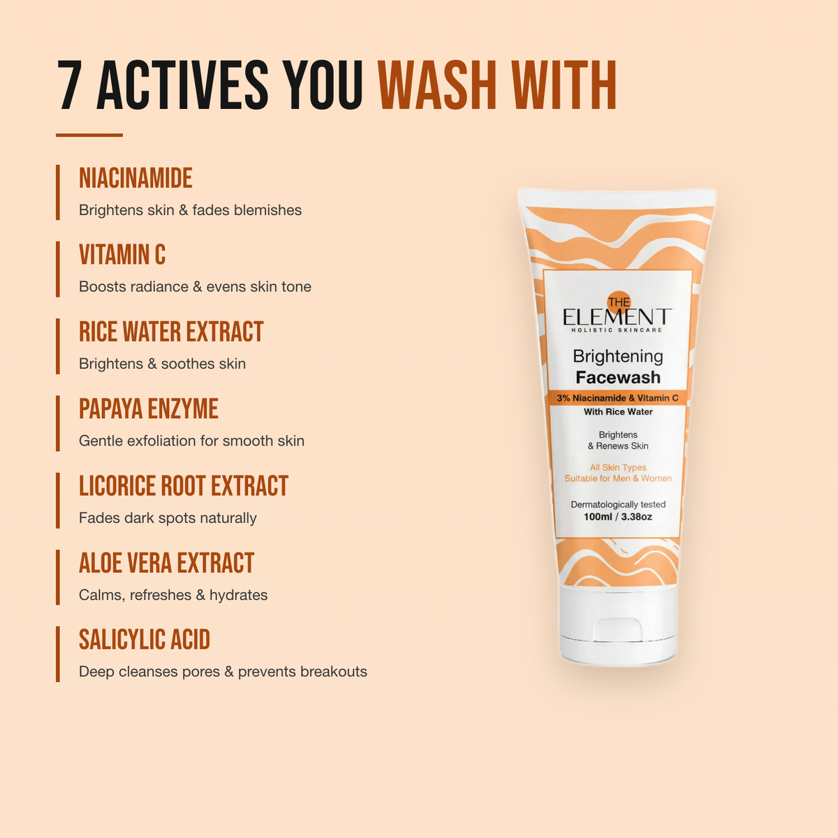 7 actives in the Brightening Face Wash — niacinamide, vitamin C, rice water, papaya enzyme, licorice root, aloe vera and salicylic acid