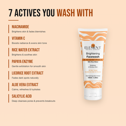 7 actives in the Brightening Face Wash — niacinamide, vitamin C, rice water, papaya enzyme, licorice root, aloe vera and salicylic acid