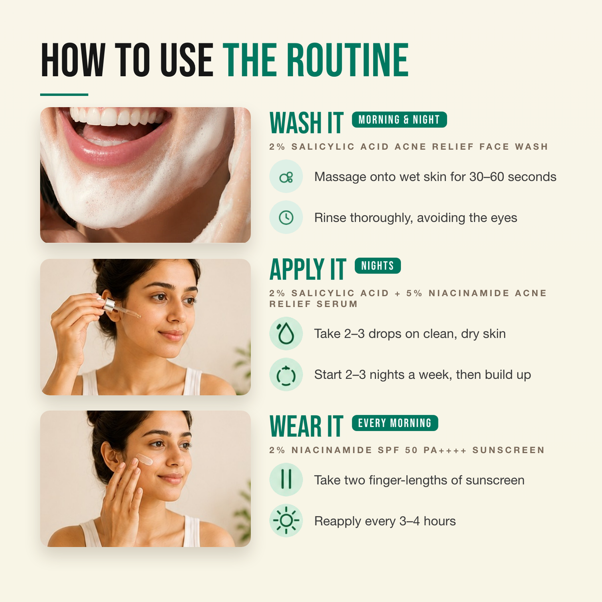 How to use the Daily Clear Routine — wash it, then apply it, then wear it