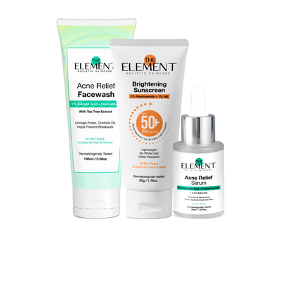 The Element Daily Clear Routine packshot — Acne Face Wash, Acne Relief Serum and Brightening Sunscreen SPF 50
              