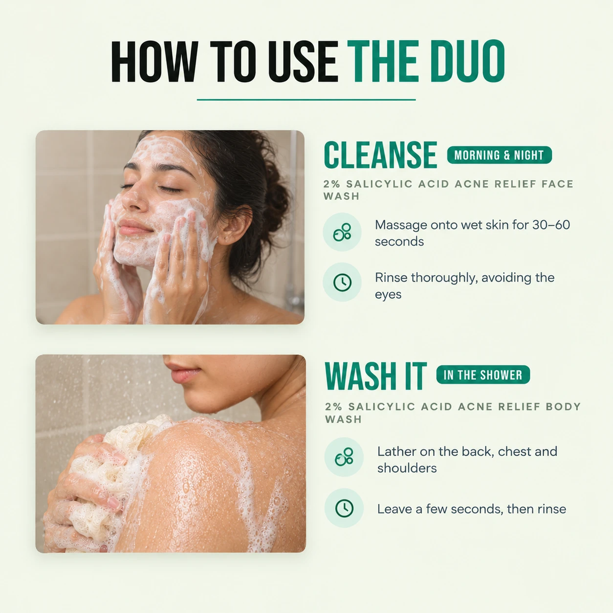 How to use the Face + Body Clear Duo — cleanse, then wash it