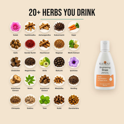 20+ Ayurvedic herbs in the Brightening Drops — manjistha, amla, neem, tulsi and more