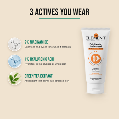 3 actives in the Brightening Sunscreen — 2% niacinamide, 1% hyaluronic acid and green tea extract