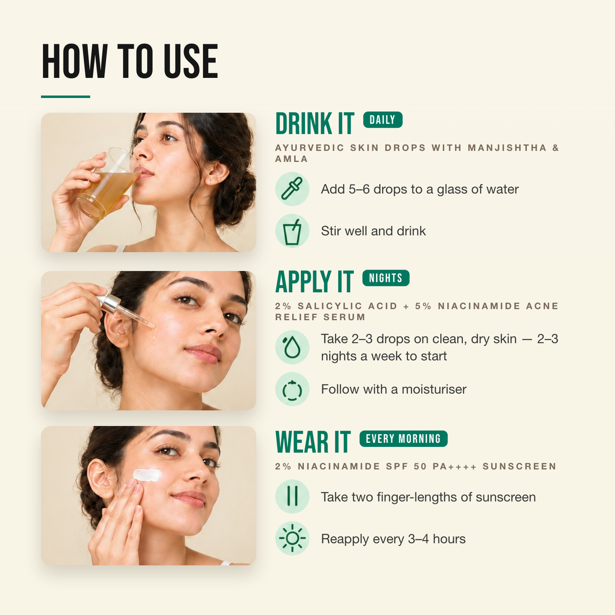 How to use the Holistic Acne-Clear Kit — drink the Ayurvedic drops daily, apply the acne serum at night, wear SPF 50 every morning