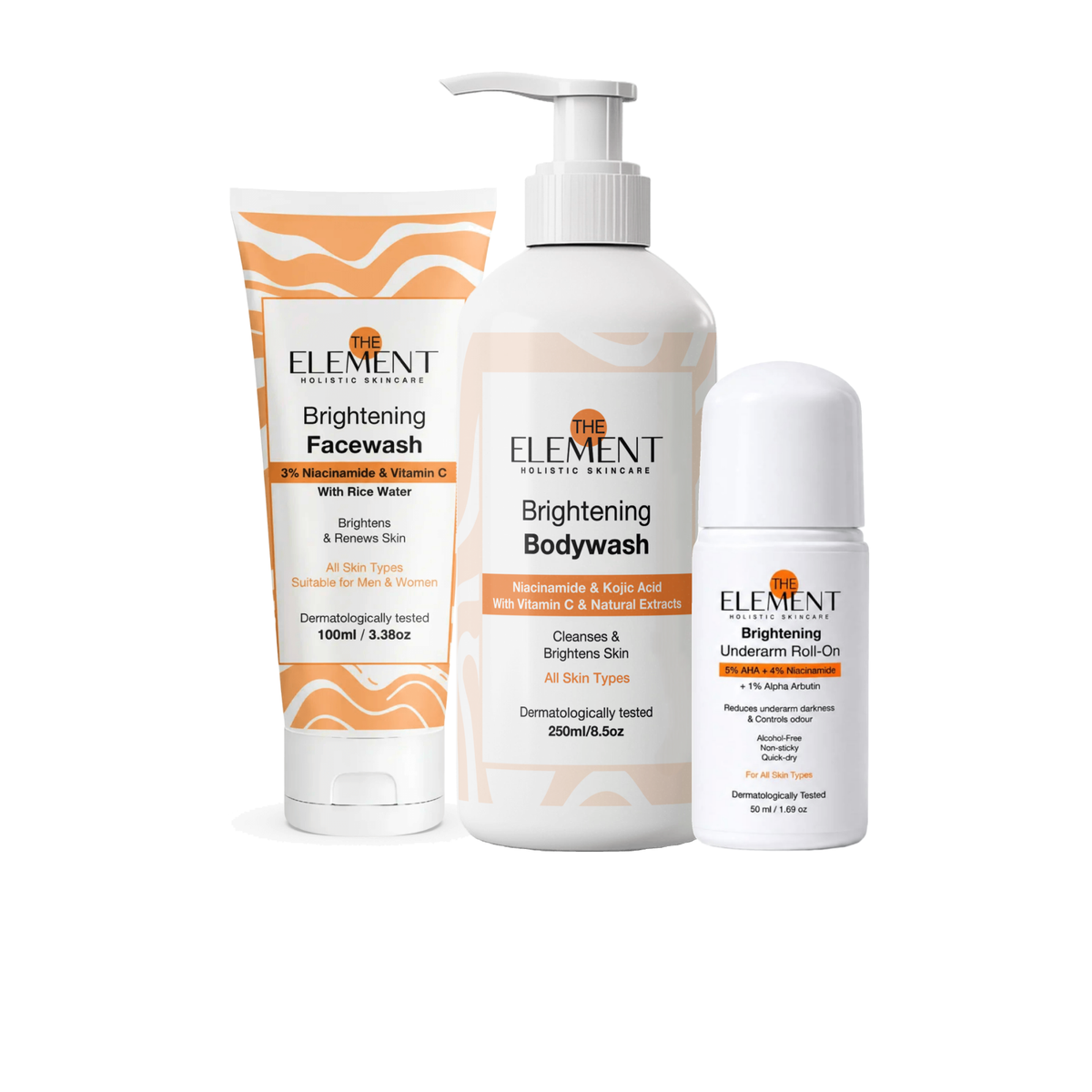 The Element Head-to-Toe Brightening Kit packshot — Brightening Face Wash, Brightening Bodywash and Underarm Roll-On