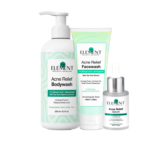 Head-to-Toe Acne Kit — The Element Acne Relief Body Wash 250ml, Acne Relief Face Wash 100ml and Acne Relief Serum 30ml with 2% Salicylic Acid and Niacinamide