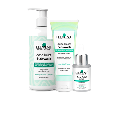 The Element Head-to-Toe Acne Kit packshot — Acne Body Wash, Acne Face Wash and Acne Relief Serum
              