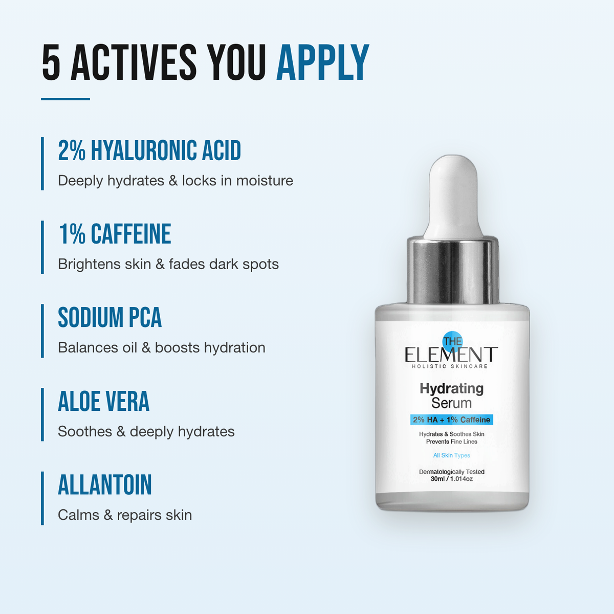 5 actives in the Hydrating Serum — 2% hyaluronic acid, 1% caffeine, sodium PCA, aloe vera and allantoin
