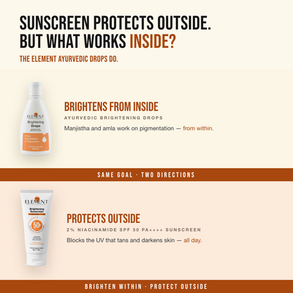 Inside-Out Brightening Duo — the SPF 50 sunscreen protects outside, the Ayurvedic Brightening Drops work inside