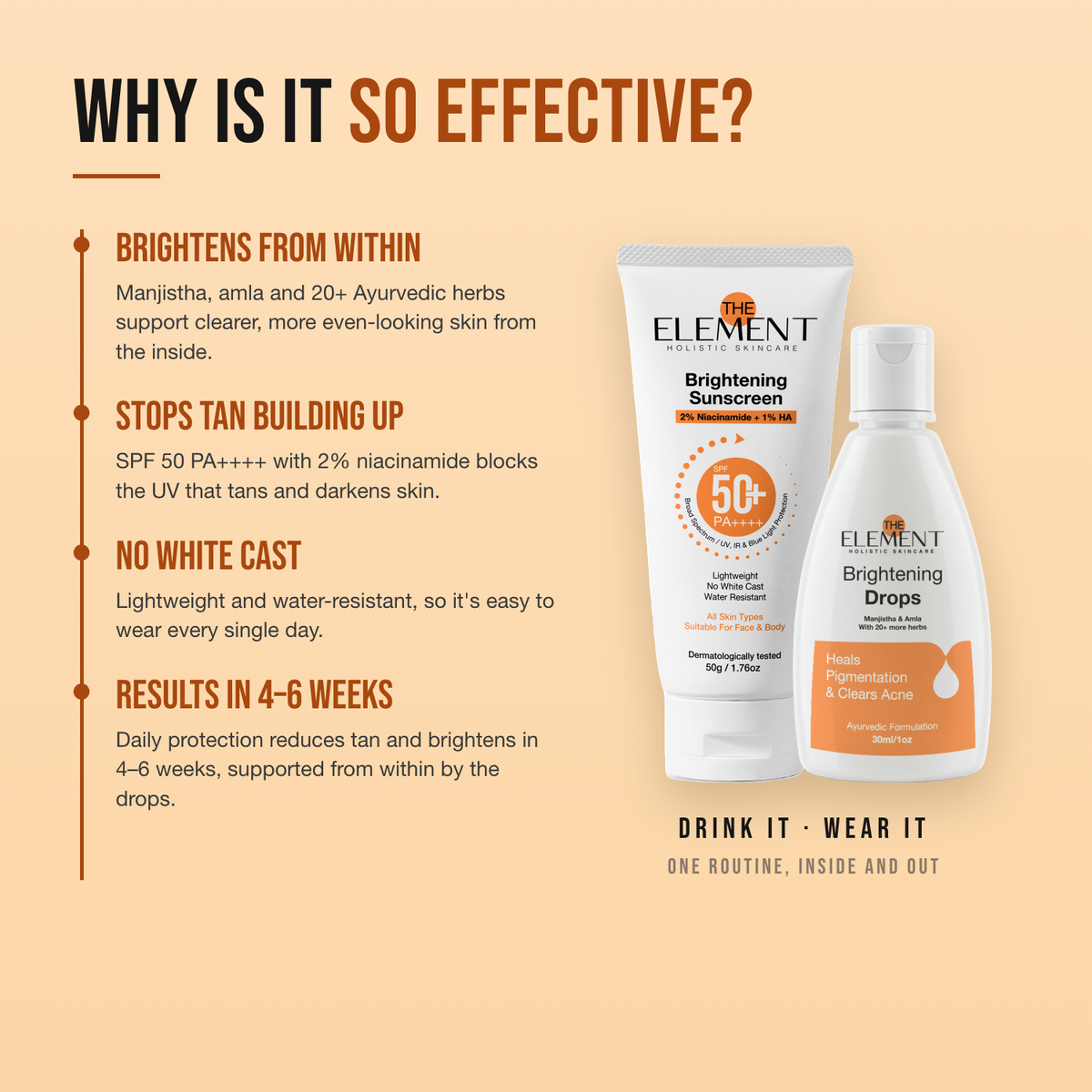 Why the Inside-Out Brightening Duo works — brightens from within, stops tan building up, no white cast