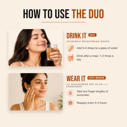 How to use the Inside-Out Brightening Duo — drink the Ayurvedic drops daily, wear SPF 50 every morning