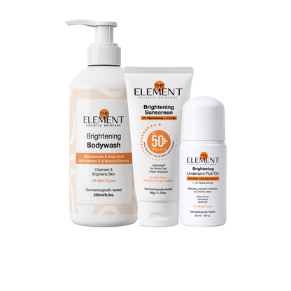 The Element Must-Have Body Brightening Kit packshot — Brightening Bodywash, Brightening Sunscreen SPF 50 and Underarm Roll-On