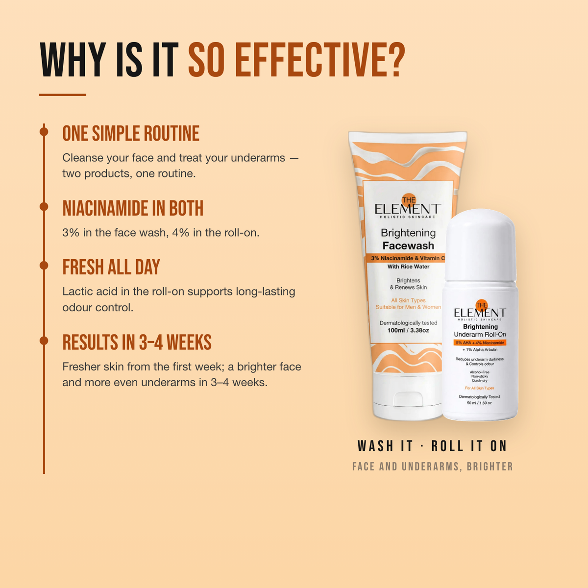 Why the Cleanse & Brighten Duo works — one simple routine; niacinamide in both; fresh all day