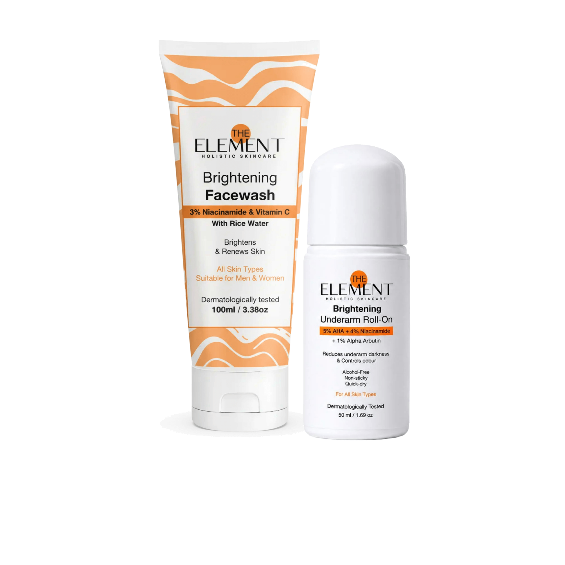 The Element Cleanse & Brighten Duo packshot — Brightening Face Wash and Underarm Roll-On