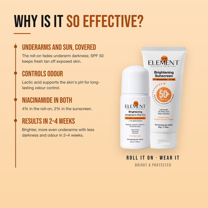 Why the Bright & Protected Duo works — underarms and sun, covered; controls odour; niacinamide in both