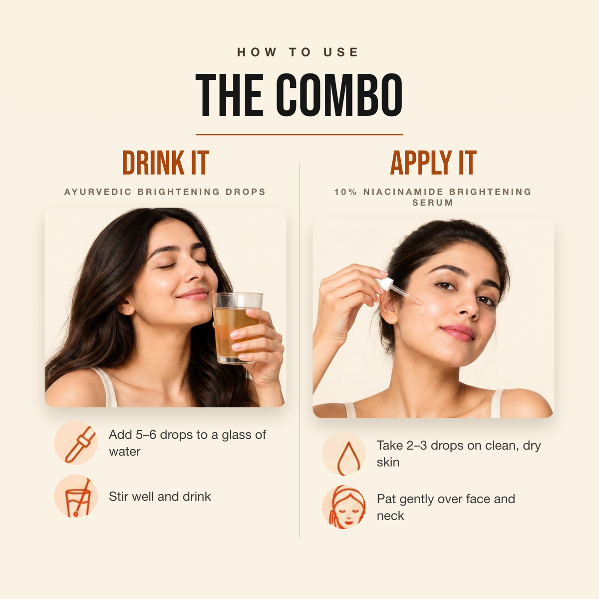 How to use the Complete Brightening Solution — drink the Ayurvedic drops, apply the niacinamide serum