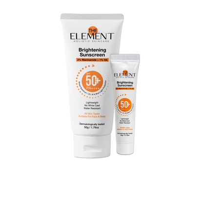 The Element Reapply Duo packshot — Brightening Sunscreen 50 g and 20 g travel size