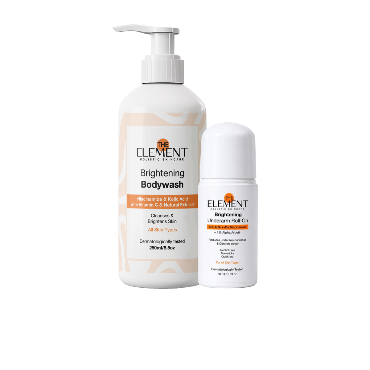 The Element Underarm Brightening Duo packshot — Brightening Bodywash and Underarm Roll-On