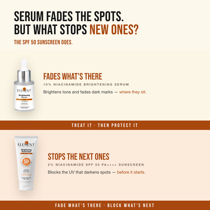 Ultimate Brightening Combo — the serum fades the spots, the SPF 50 sunscreen stops new ones