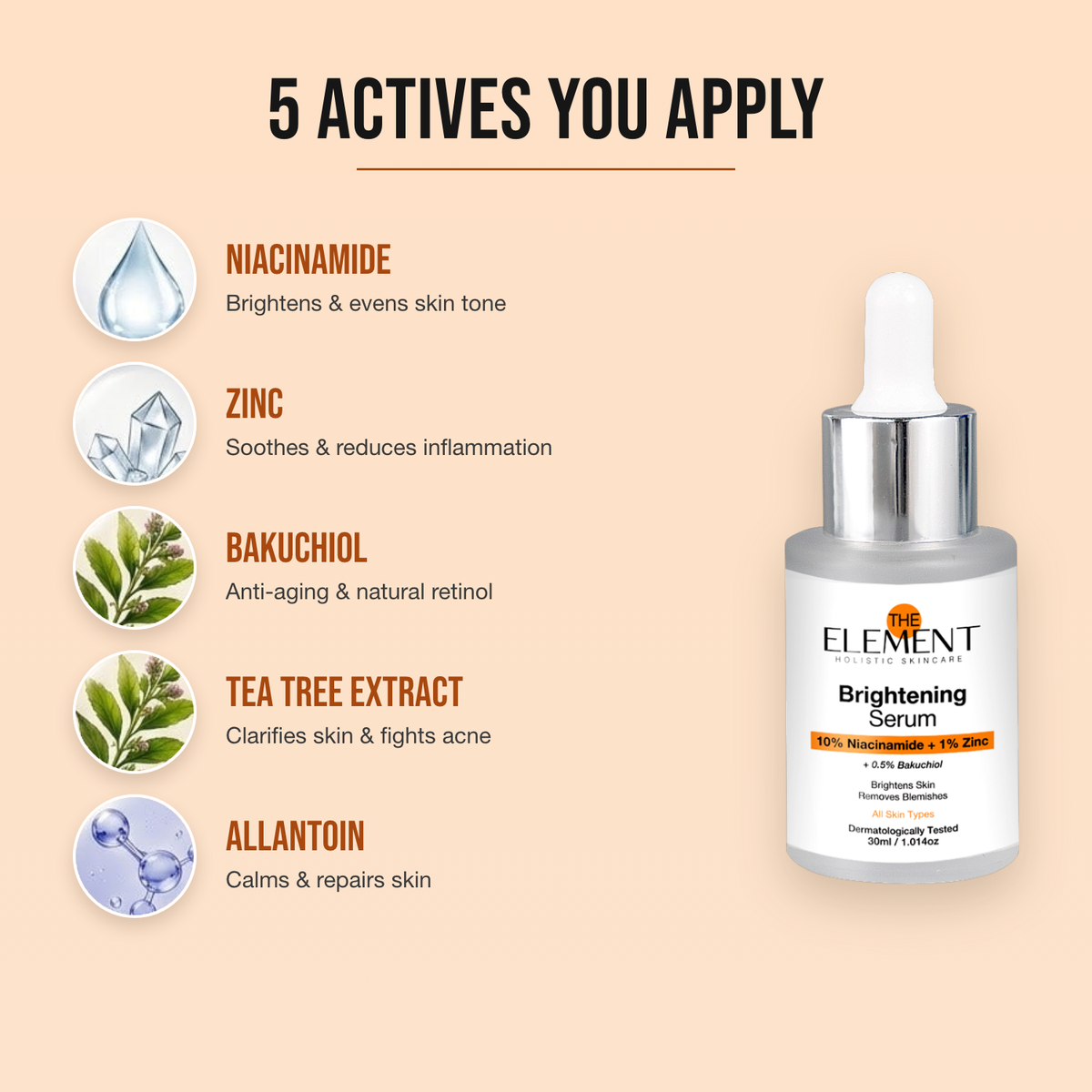 5 actives in the 10% Niacinamide Brightening Serum — niacinamide, zinc, bakuchiol, tea tree and allantoin