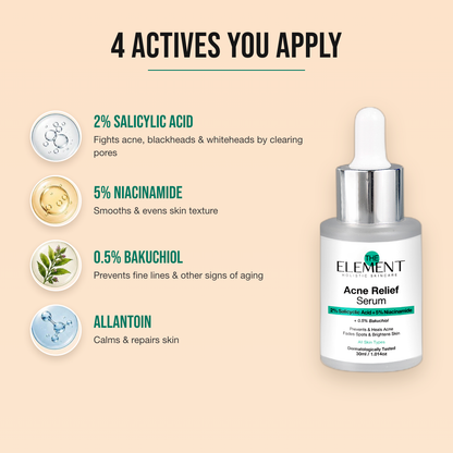 4 actives in the Acne Relief Serum — 2% salicylic acid, 5% niacinamide, bakuchiol and allantoin