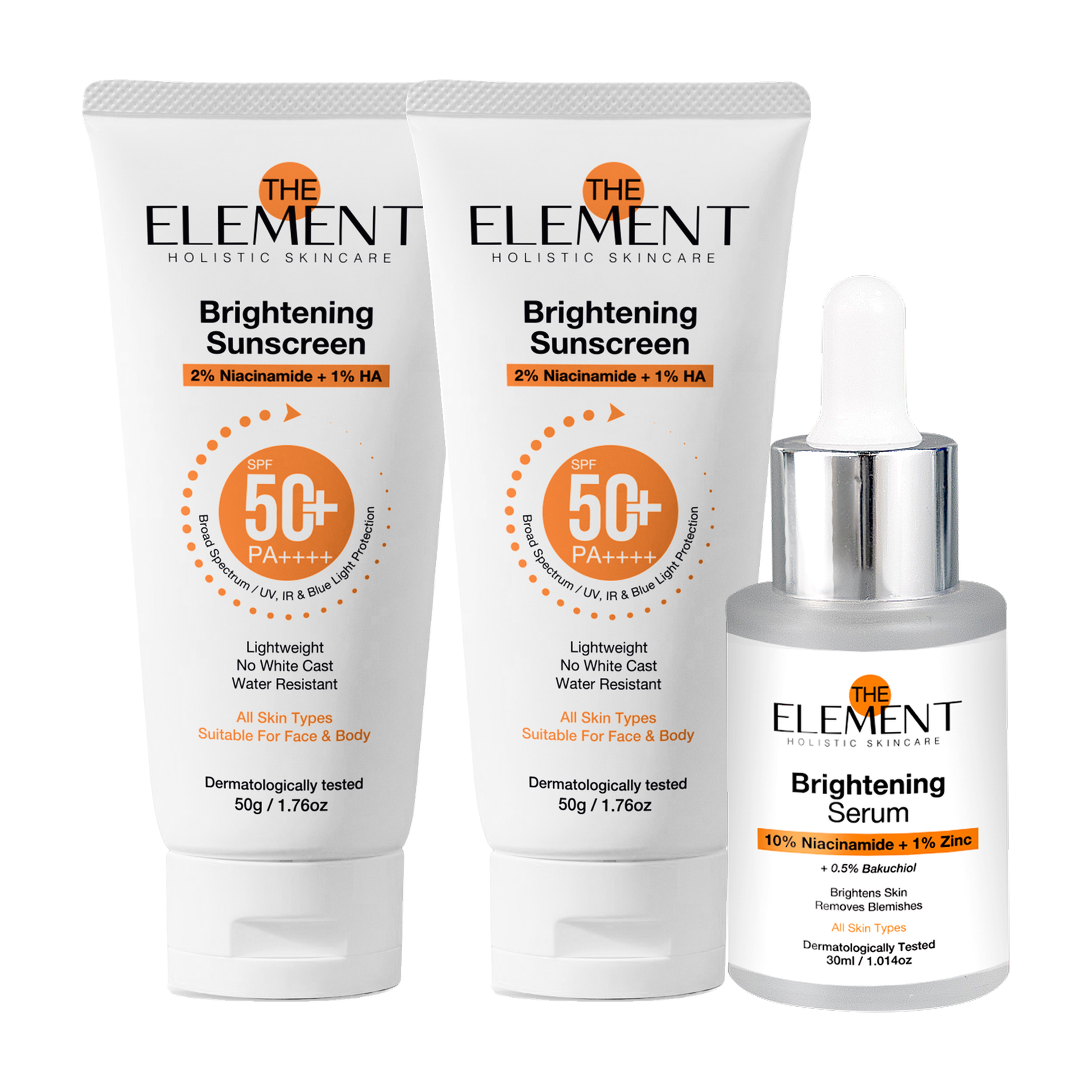 The Element Ultimate Brightening Combo 1 Month Pack — 2 x Brightening Sunscreen SPF 50 PA++++ 50g + 10% Niacinamide Brightening Serum 30ml