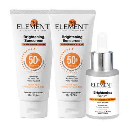 The Element Ultimate Brightening Combo 1 Month Pack — 2 x Brightening Sunscreen SPF 50 PA++++ 50g + 10% Niacinamide Brightening Serum 30ml