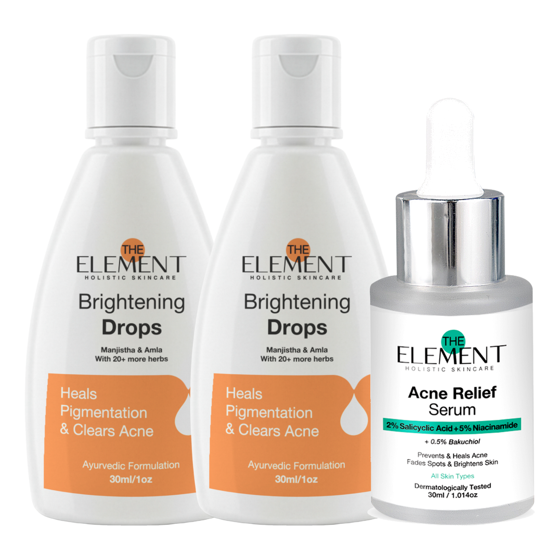 The Element Ultimate Clear Skin Combo 1 Month Pack — two Ayurvedic Brightening Drops and Acne Relief Serum